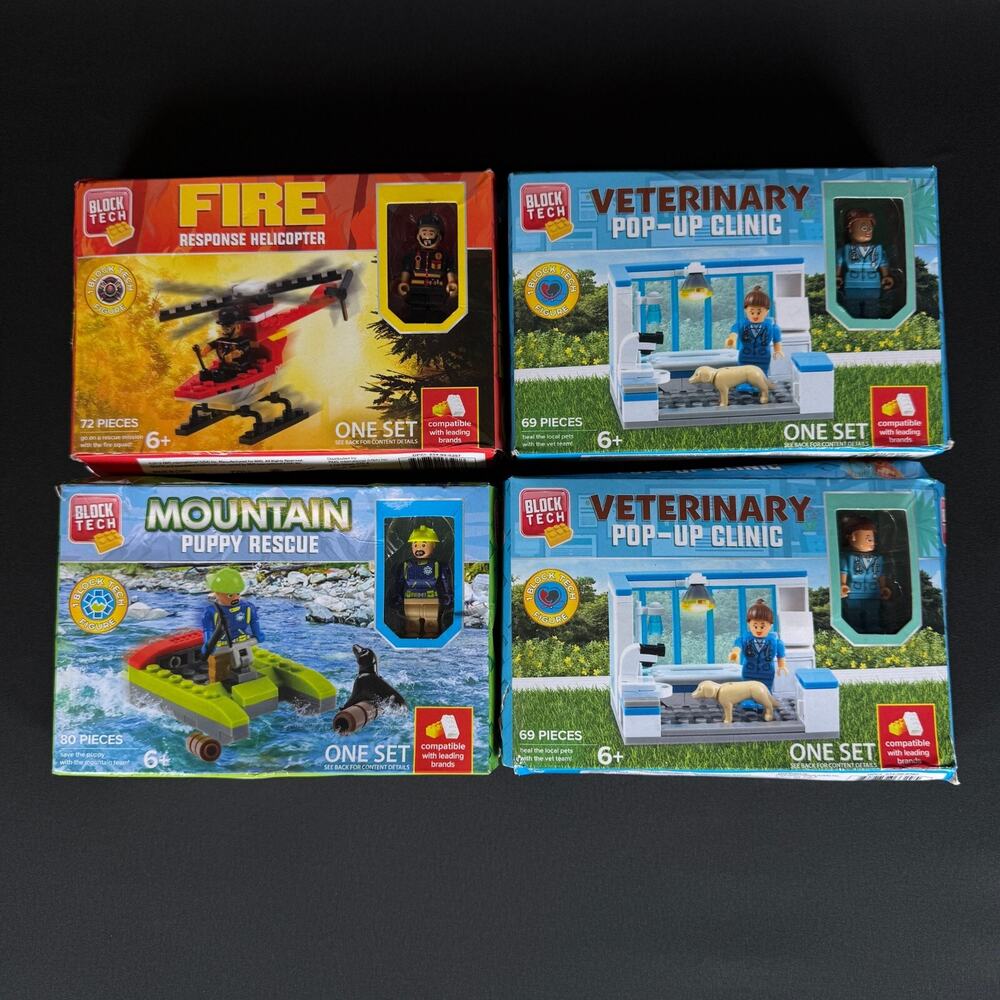 Set of 4 Block Tech Building Fire Helicopter, Mountain Rescue, Veterinar NEW